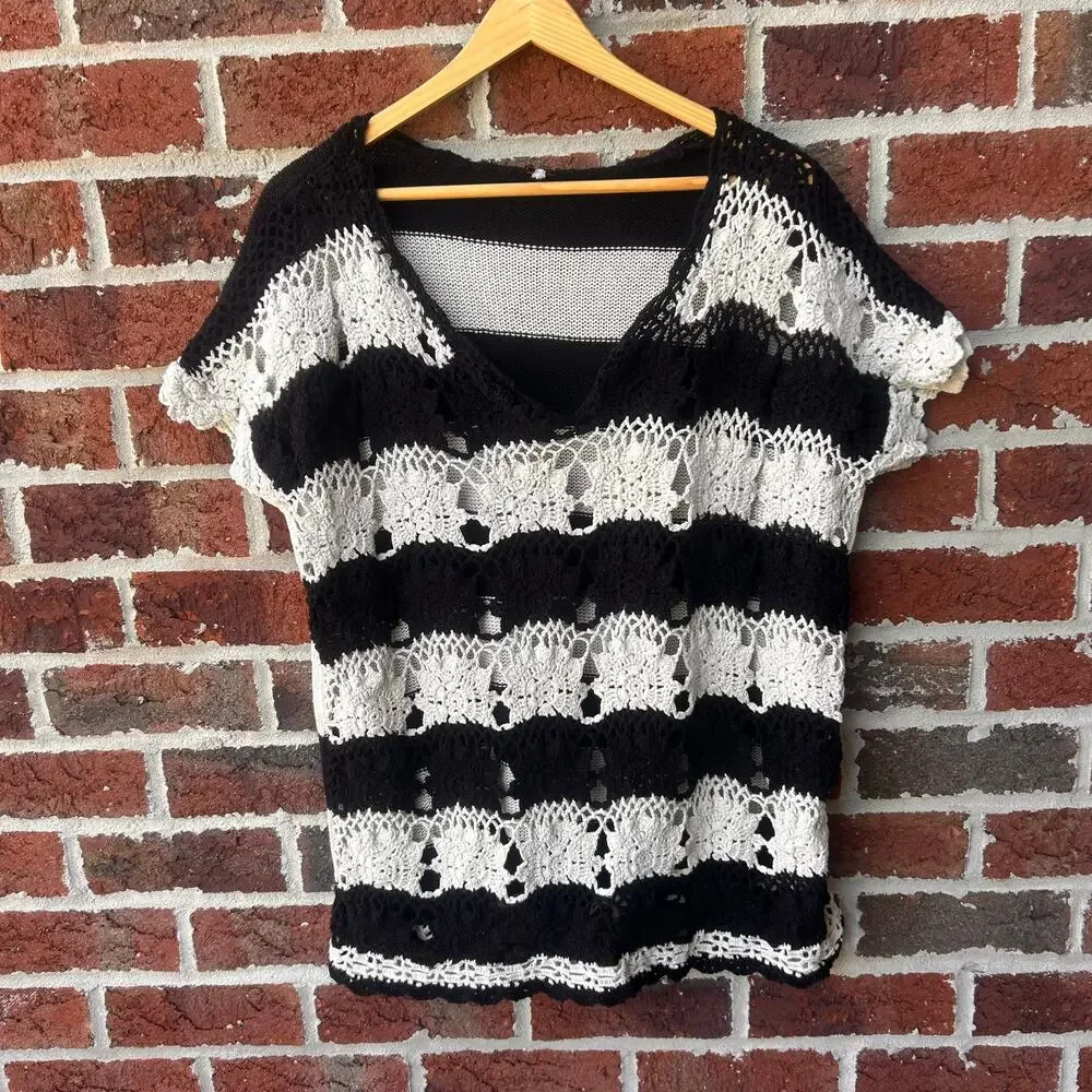 Free People Black White Crochet Stripe Sweater Tunic Size M
